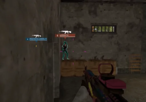 ESP with aim assist overlay PUBG ESP highlighting an enemy with cyan outline and pink aim crosshair in a concrete building