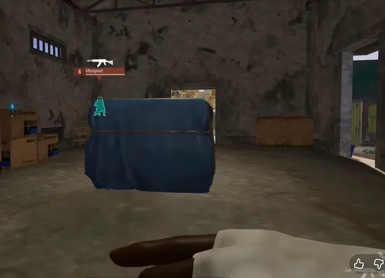 Player ESP through cover PUBG player ESP showing enemy outline, name tag and weapon icon through a tarp-covered crate
